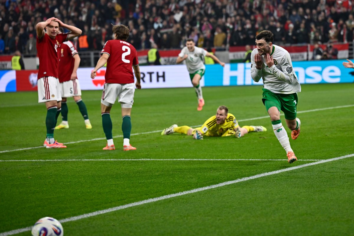 Irlanda celebrando el gol agónico con el que eliminan a Hungría y se clasifican al repechaje. Foto: Agencia AP.