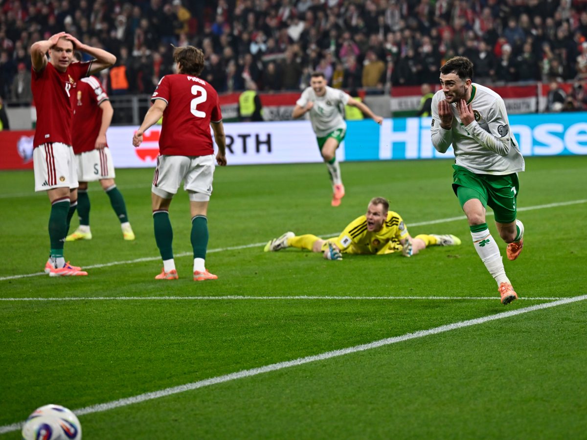 Irlanda celebrando el gol agónico con el que eliminan a Hungría y se clasifican al repechaje. Foto: Agencia AP.