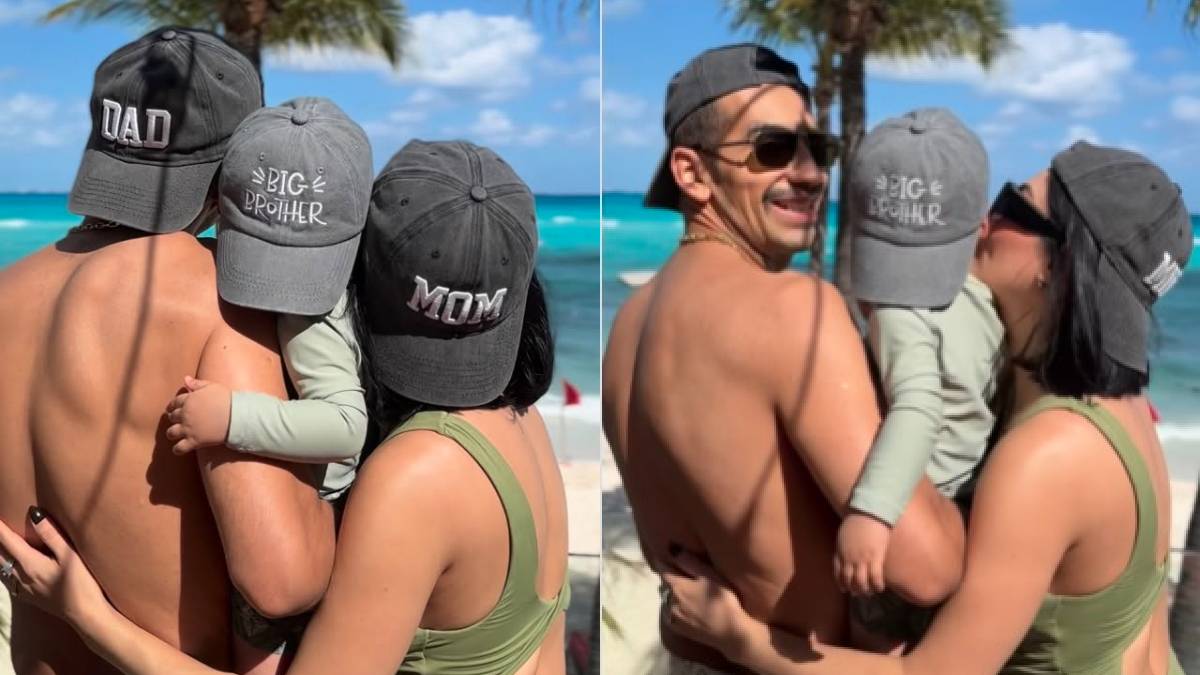El Capi Pérez, Itzel Barro y su hijo Vicente anunciando el segundo embarazo en la playa