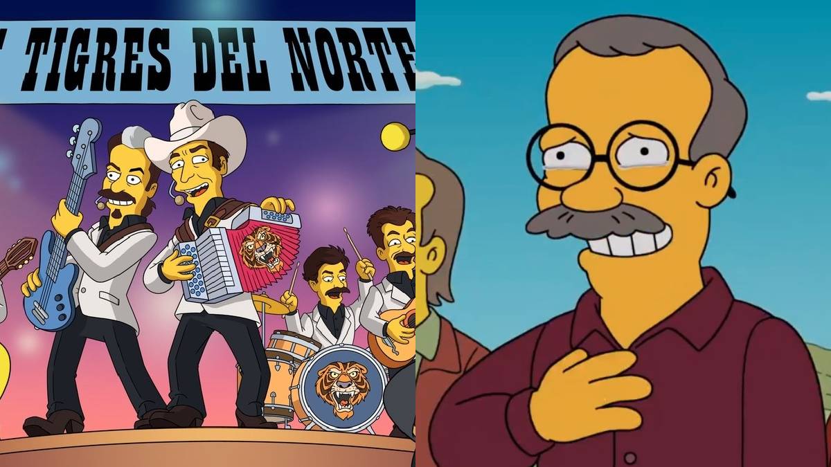 Los Tigres del Norte cantando el Corrido de Pedro y Homero y Humberto Vélez en Los Simpson