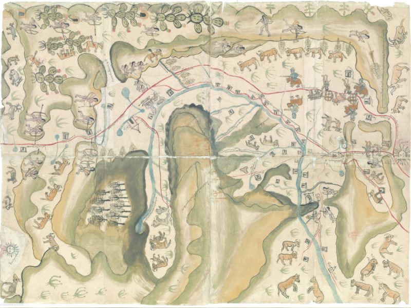 Mapa novohispano que muestra los caminos más cortos de San Miguel y San Felipe, cuya finalidad era marcar una ruta segura entre las minas de Guanajuato y Zacatecas, y detectar zonas de riesgo donde atacaban los Chichimecas. Fuente: Real Academia de la Historia