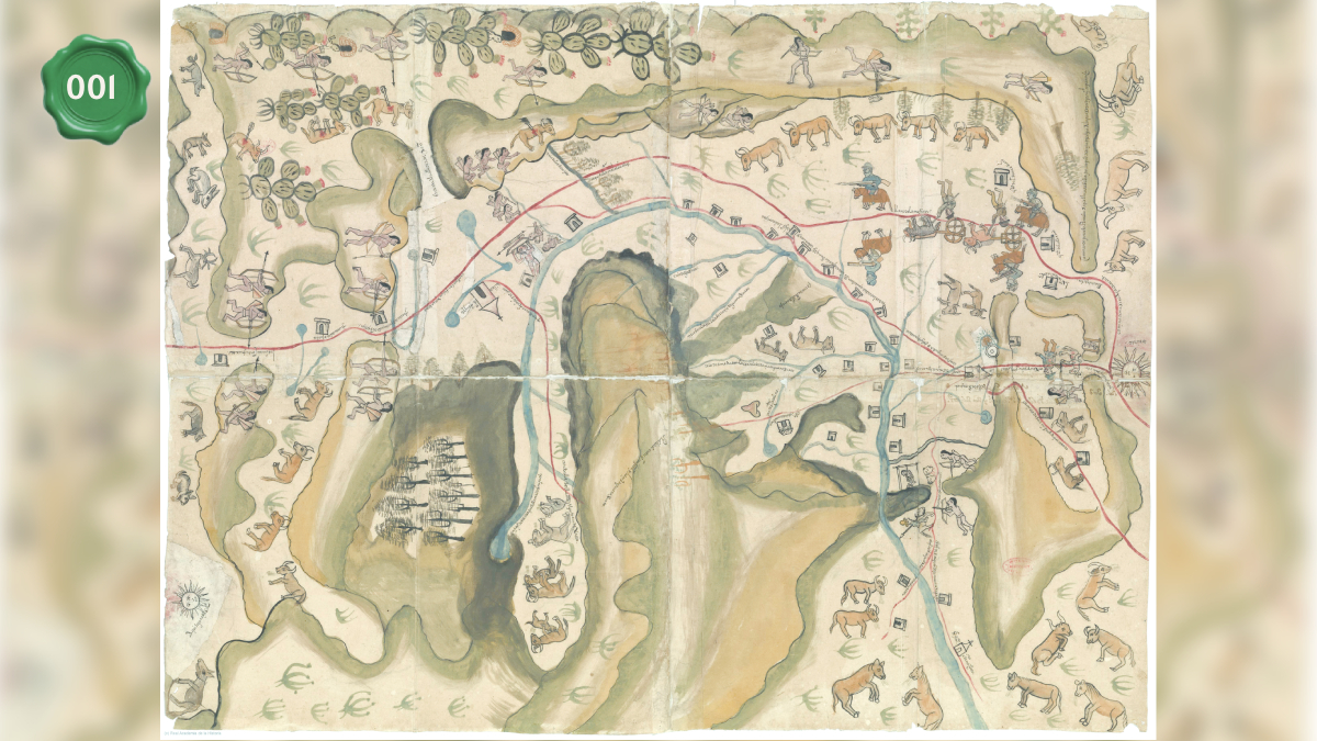 Mapa novohispano que muestra los caminos más cortos de San Miguel y San Felipe, cuya finalidad era marcar una ruta segura entre las minas de Guanajuato y Zacatecas, y detectar zonas de riesgo donde atacaban los Chichimecas. Fuente: Real Academia de la Historia