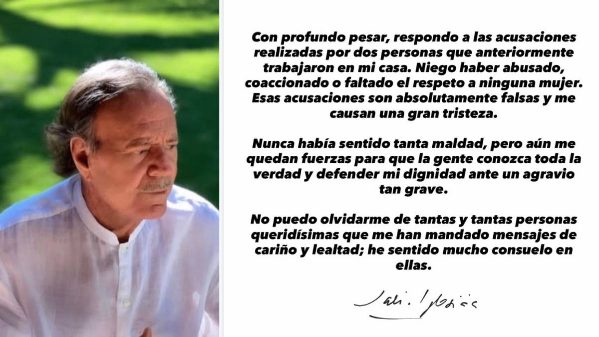 Captura del comunicado de Julio Iglesias en Instagram sobre acusaciones por abuso sexual
