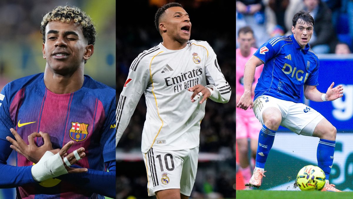 Lamine Yamal (Barcelona), Kylian Mbappé (Real Madrid) y Federico Viñas (Real Oviedo). Fotos: Agencia AP y Real Oviedo; Especial.