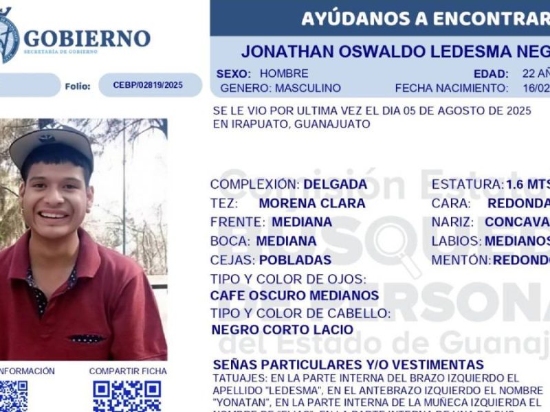 ¿Lo has visto? Jonathan Oswaldo Ledesma desapareció en Irapuato desde agosto