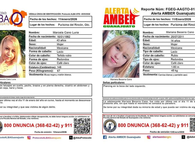 Buscan a Marcela Cano Luna y a su hija Mariana; desaparecieron en Purísima del Rincón