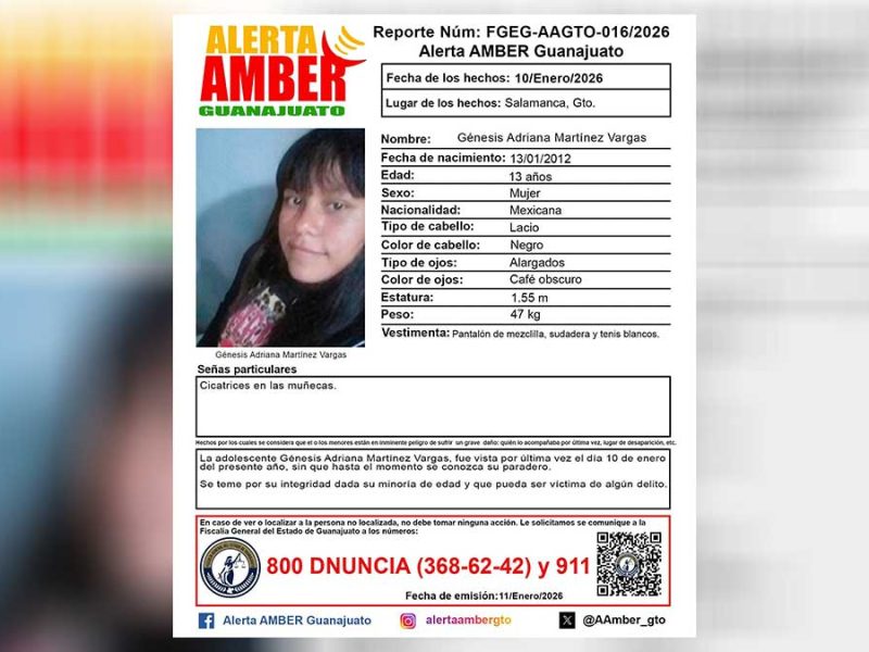 Buscan a Génesis Adriana Martínez Vargas; desapareció el sábado en Salamanca