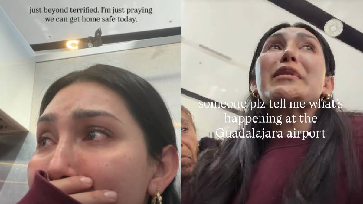 Influencer Beauty Bird resguardada en el piso del Aeropuerto de Guadalajara con su abuelita