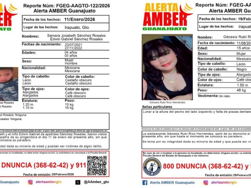 Activan Alerta Amber en Guanajuato por tres menores desaparecidos en Irapuato