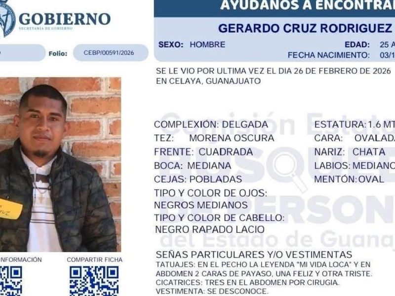 Buscan a Gerardo Cruz Rodríguez desaparecido en Celaya