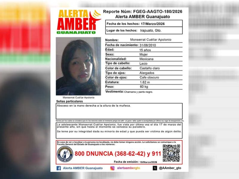 Urgente en Irapuato, Guanajuato: Buscan desesperadamente a Monserrat Cuéllar Apolonio