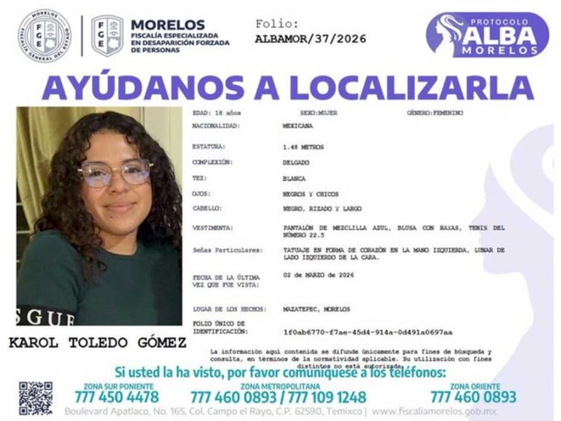 Alerta en la UAEM: Reportan desaparición de Karol Toledo, estudiante de Mazatepec