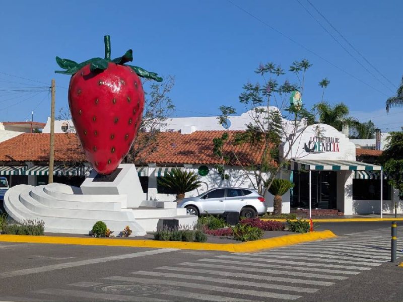 Tunden en redes sociales nueva escultura de la fresa en Irapuato: “Parece un rábano”
