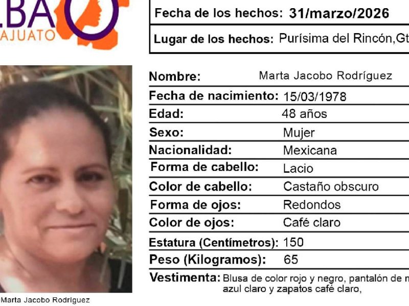 Buscan a Marta Jacobo Rodríguez, desaparecida en Purísima del Rincón