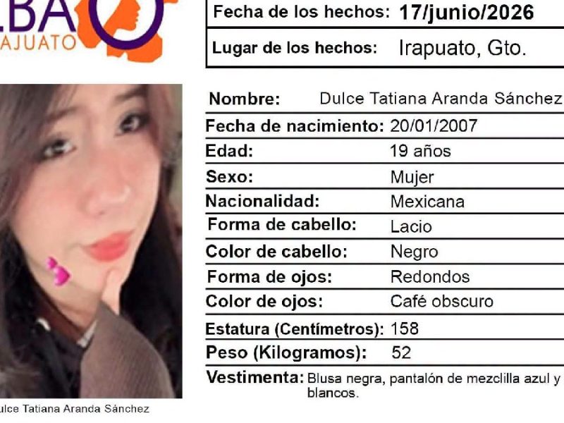 Desaparece Dulce Tatiana Aranda Sánchez, de 19 años, en Irapuato