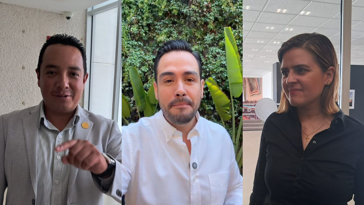 Los diputados del PAN Jared González Márquez y de Morena, Carlos Abraham Ramos, piden indagar la red de empresas ligada a Allan León (centro), exsecretario de Vinculación.