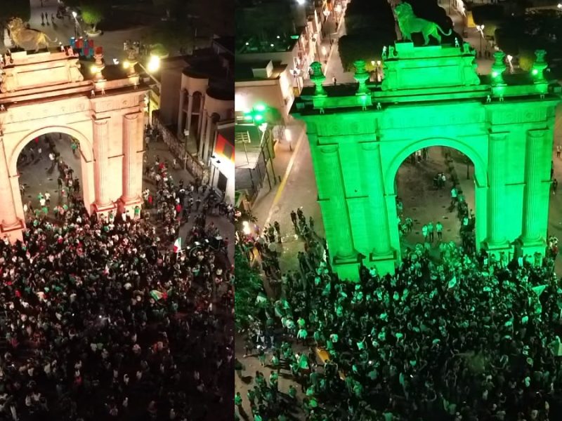 León celebra en el Arco de la Calzada por la victoria de México en el Mundial