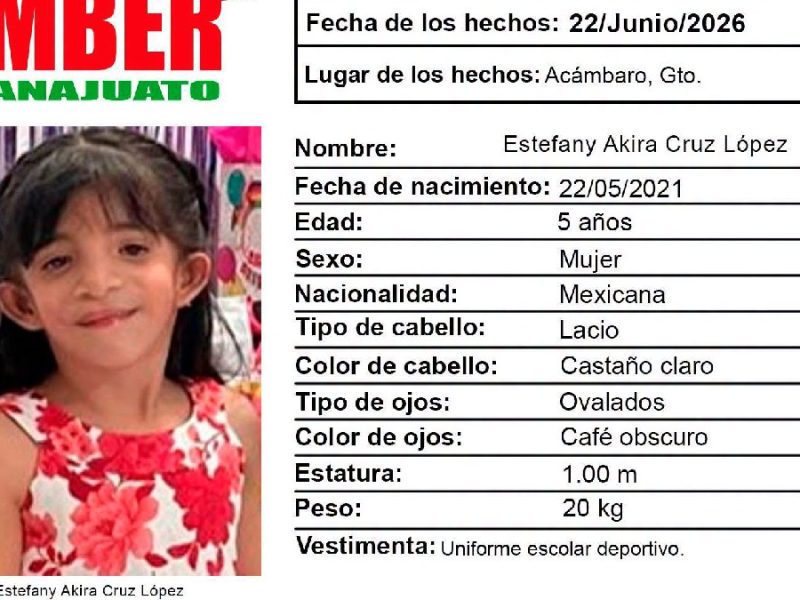 Activan Alerta Amber por desaparición de niña de 5 años en Acámbaro