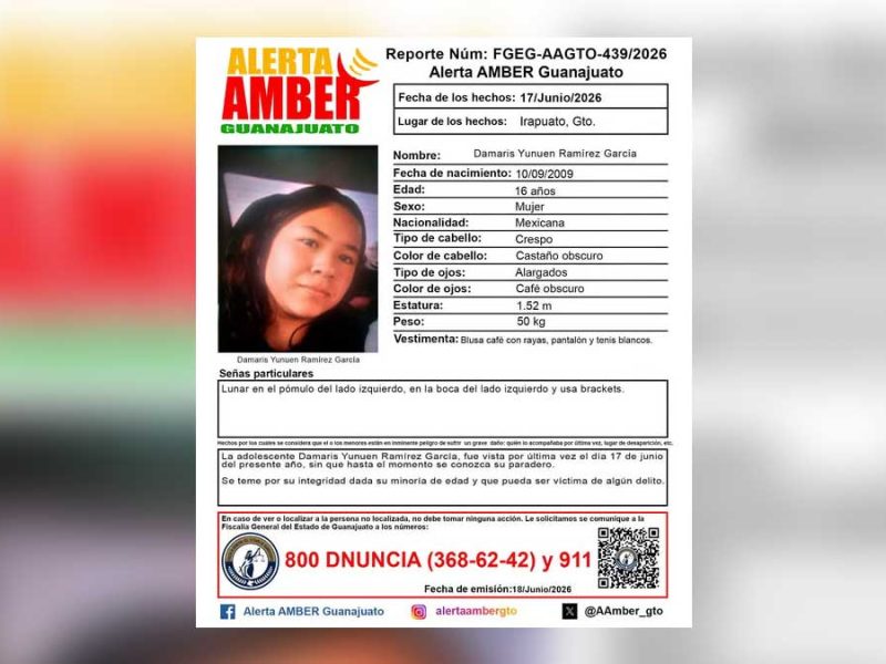 Urge localizarla: Damaris Yunuen desapareció en Irapuato; tiene 16 años