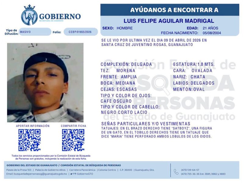 Tiene un tatuaje de gato: Buscan a Luis Felipe Aguilar, desaparecido en Juventino