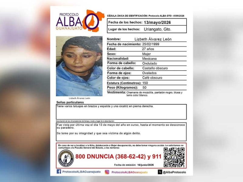 Alerta en todo Guanajuato: Lizbeth Álvarez desapareció hace un mes en Uriangato