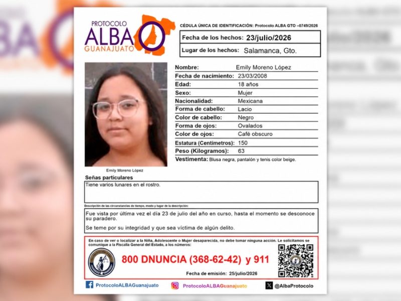 ¡Urge localizarla! Reportan desaparecida a Emily Moreno López en Salamanca