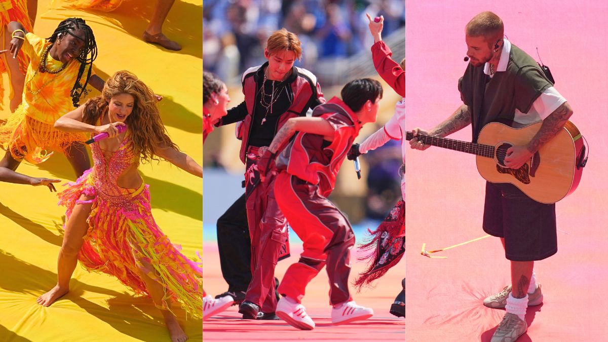 Shakira, BTS y Justin Bieber en la final del Mundial. AP