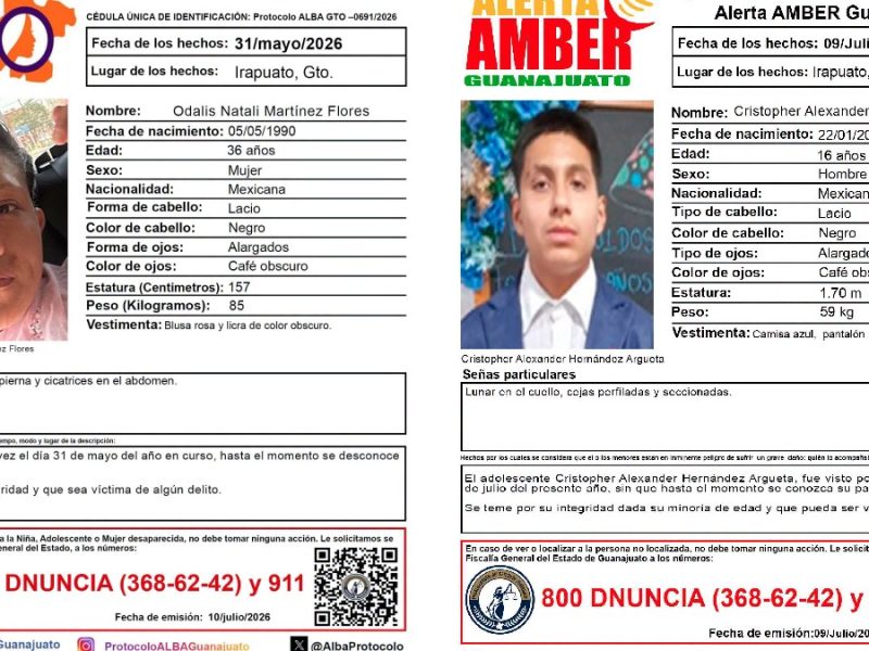 Buscan a Odalis Natali y Cristopher Alexander; desaparecidos en Irapuato