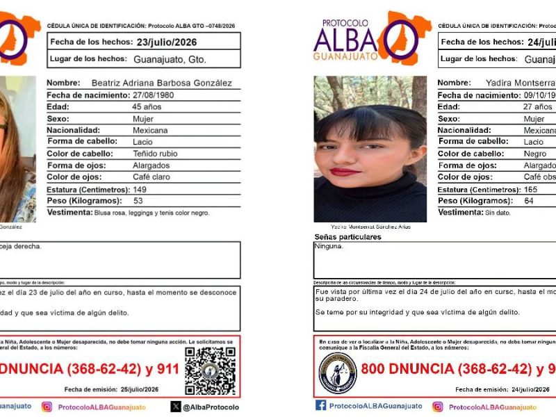 Buscan a Beatriz y Yadira: Desaparecen dos mujeres en Guanajuato capital