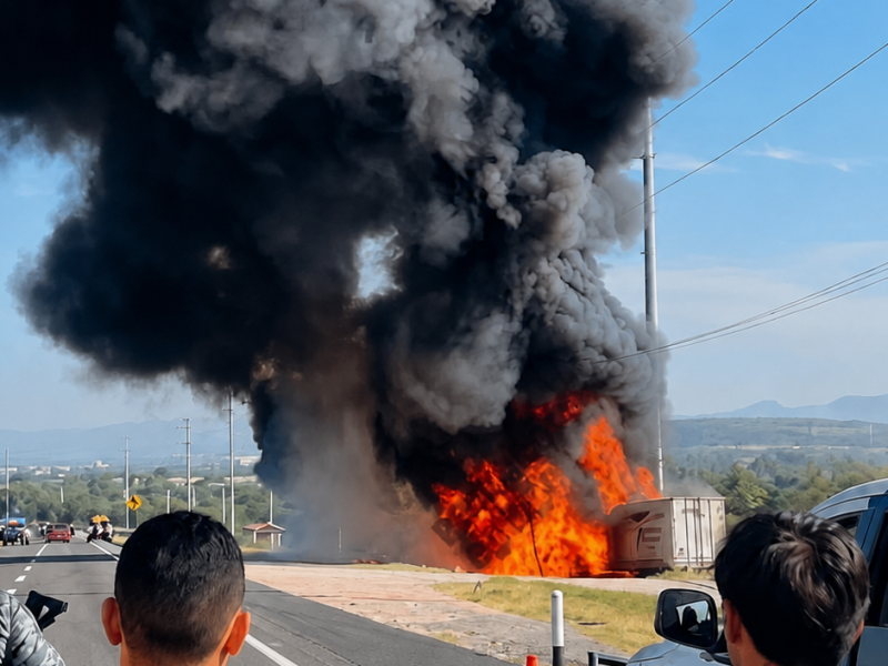 Choque entre tráileres provoca incendio y cierre de carretera en San José Iturbide