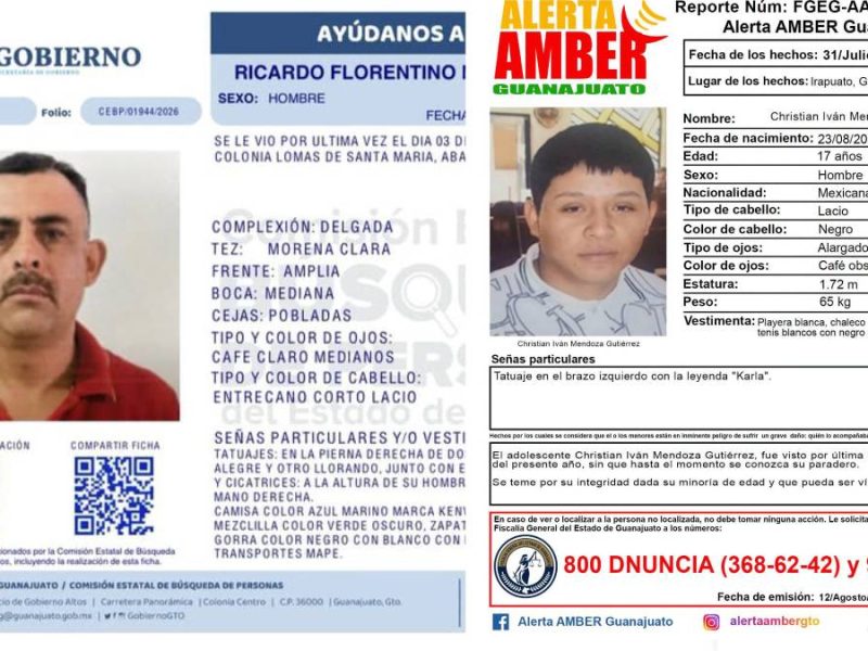 Buscan a Christian de 17 años y a Ricardo de 43; desaparecieron en Irapuato y Abasolo