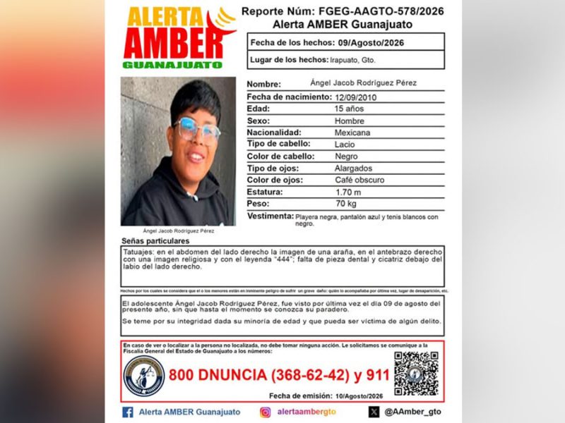 Urgente: Ayuda a encontrarlo: Ángel Jacob de 15 años desapareció en Irapuato