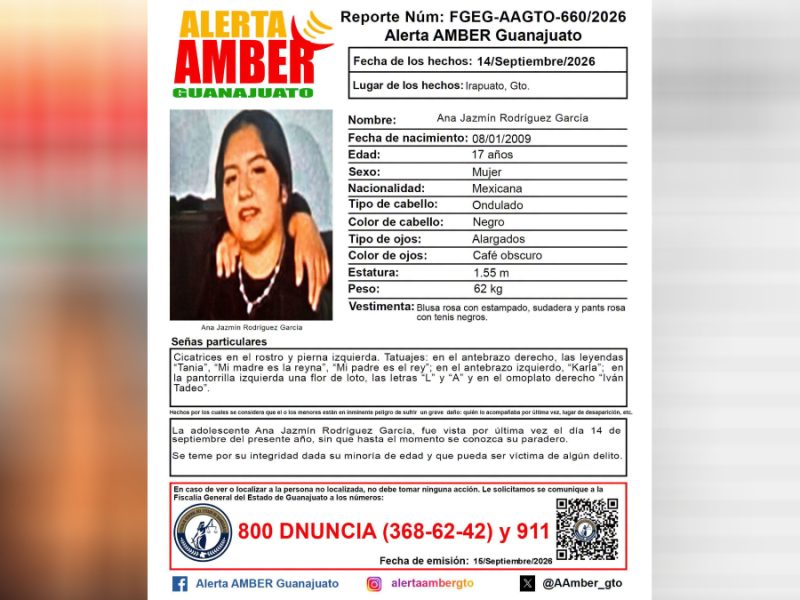 Ilocalizable: Urge localizar a Ana Jazmín Rodríguez, desapareció en Irapuato