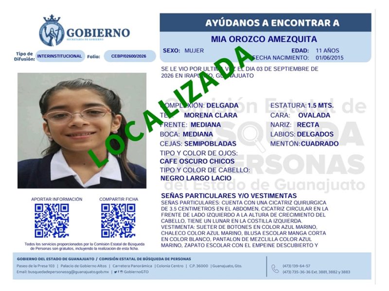 Irapuato: Encuentran a salvo a la menor Mía Orozco Amezquita tras activar Alerta Amber