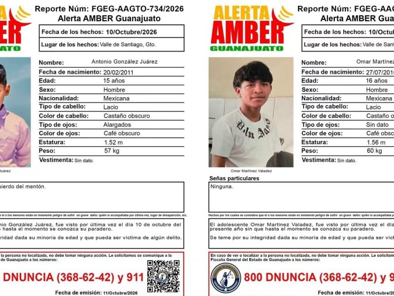 Alerta Amber en Valle de Santiago: Buscan a Omar Martínez y Antonio González