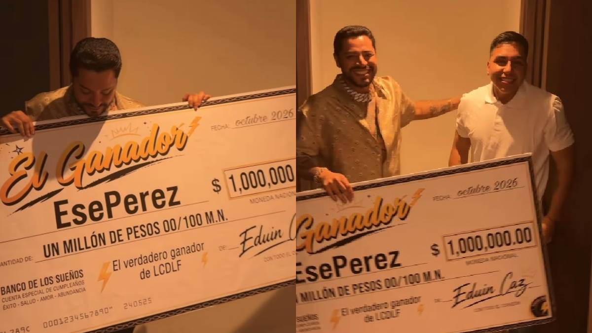 Eduin Caz regala un millón de pesos con un cheque gigante a Ese Pérez