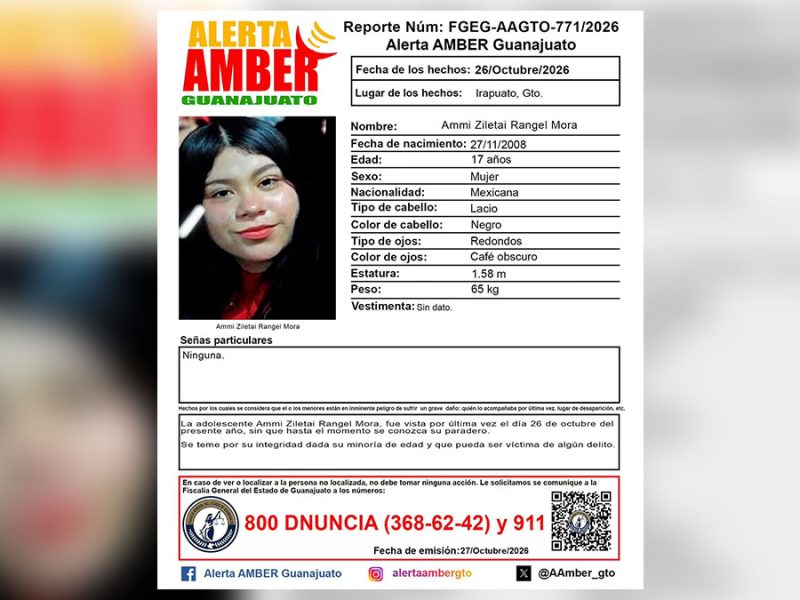 Alerta en Irapuato: Desaparece Ammi Ziletai Rangel Mora